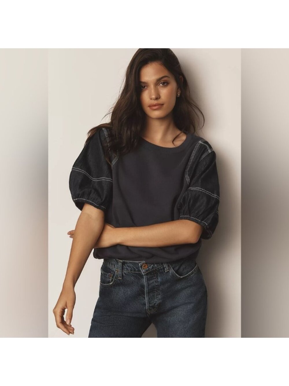 NWT Size S - Anthropologie Pilcro Denim-Sleeve Twofer Sweatshirt (100% Cotton) - Picture 2 of 16